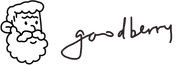 Simple black line drawing of a cartoon character with 'goodberry' text on a white background